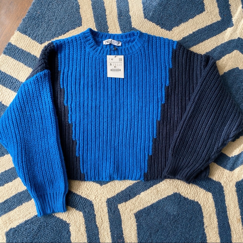 💙 ZARA BLUE NAVY COLOR BLOCK CHUNKY KNIT CROPPED JUMPER! - Picture 11 of 12